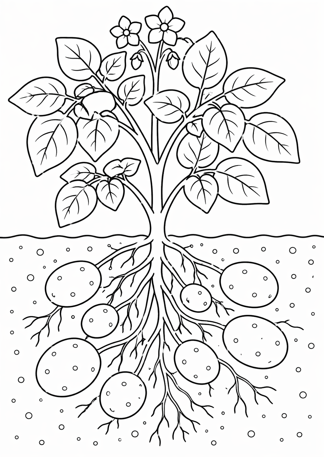 A detailed coloring page of a potato plant, featuring its leafy foliage, flowers, and intricate root system with potatoes underground. Ideal for teaching children about plants through coloring.