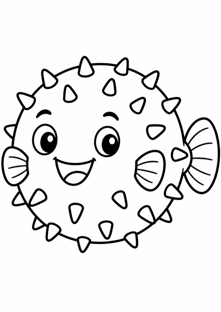 A playful puffer fish coloring page for children, showcasing a smiling fish with spikes, perfect for creative activities.