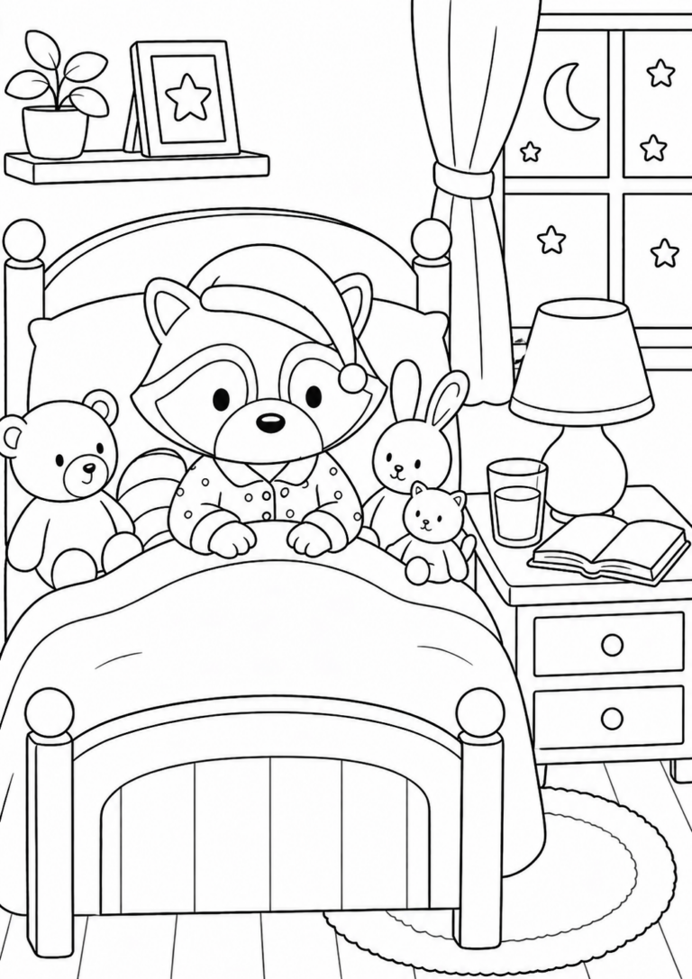 A cozy scene of a raccoon in bed with plush toys, a night sky through the window, and a bedside table with a lamp and an open book, ideal for coloring.