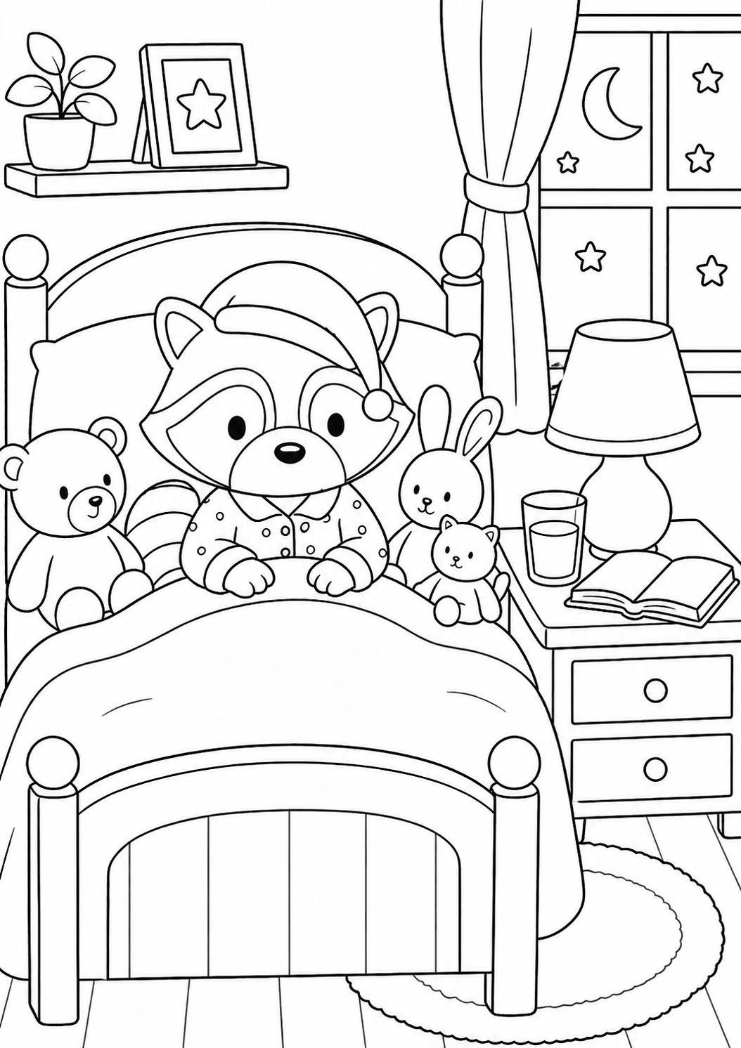 A cozy scene of a raccoon in bed with plush toys, a night sky through the window, and a bedside table with a lamp and an open book, ideal for coloring.