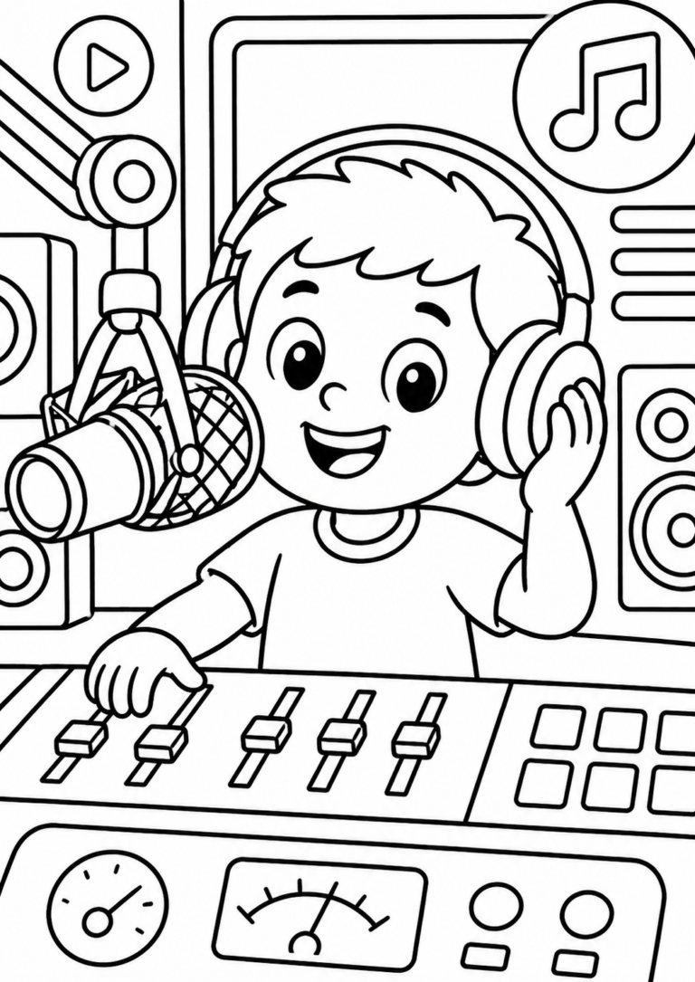 A coloring page showing a young radio DJ with headphones, speaking into a microphone, and adjusting a control panel. Perfect for children to explore creative coloring.