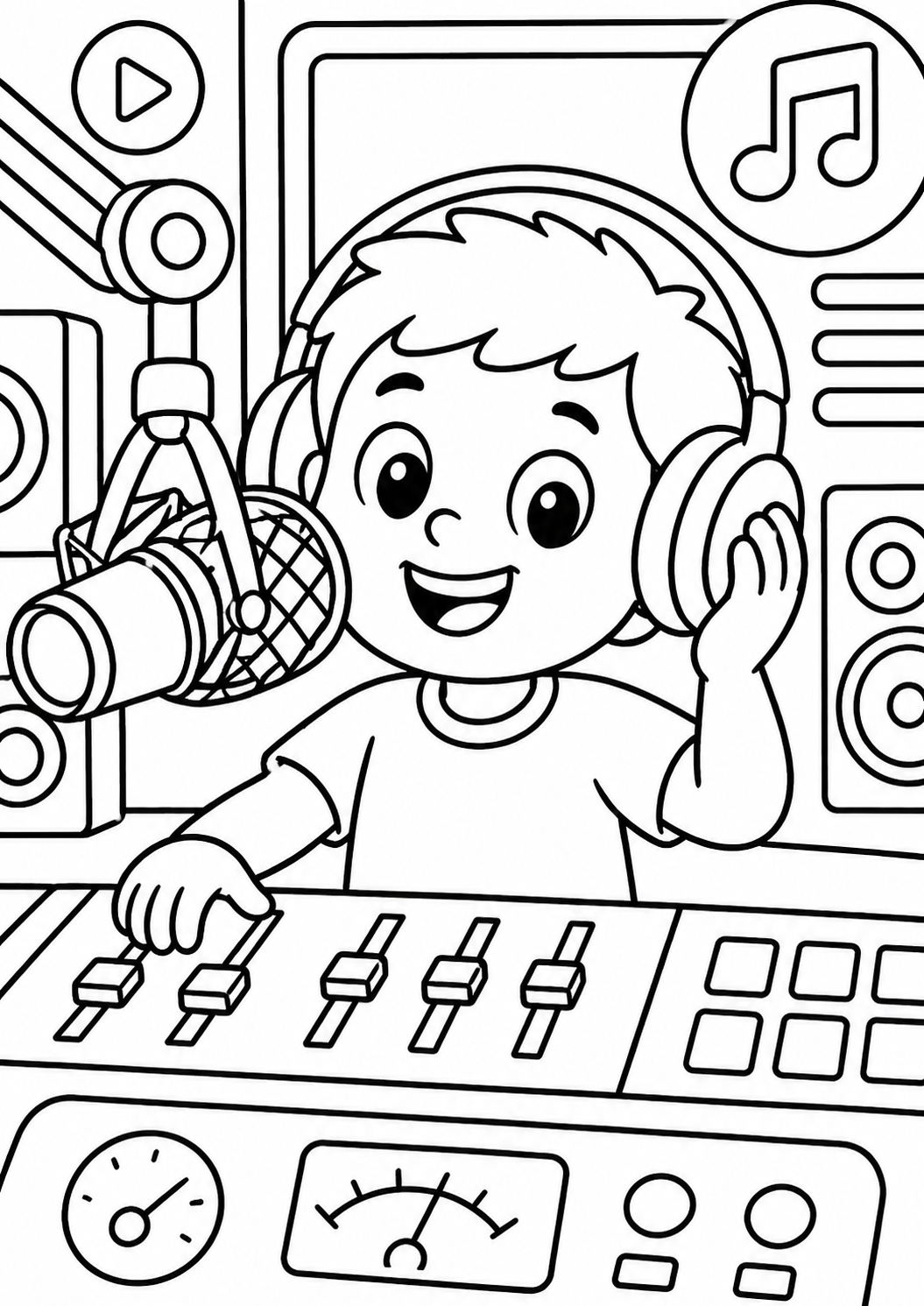A coloring page showing a young radio DJ with headphones, speaking into a microphone, and adjusting a control panel. Perfect for children to explore creative coloring.