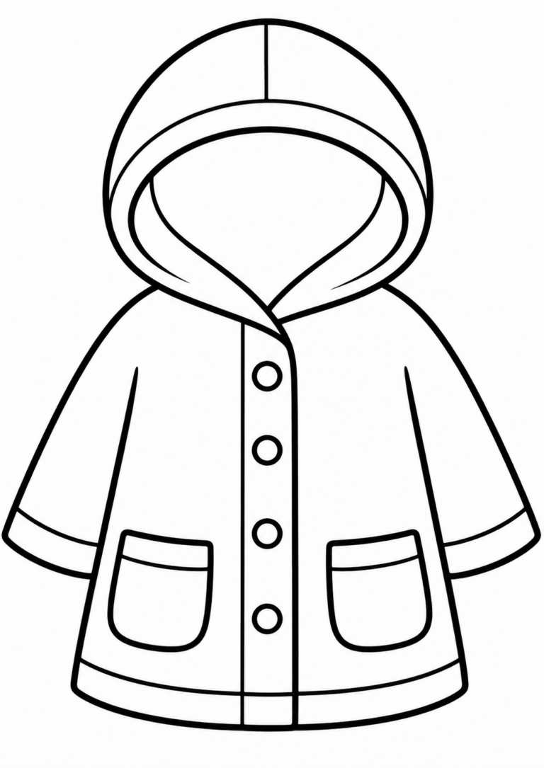 Black and white coloring page of a raincoat with a hood and buttons. Designed for children to color and explore creativity. Simple lines make it easy for young artists to enjoy.