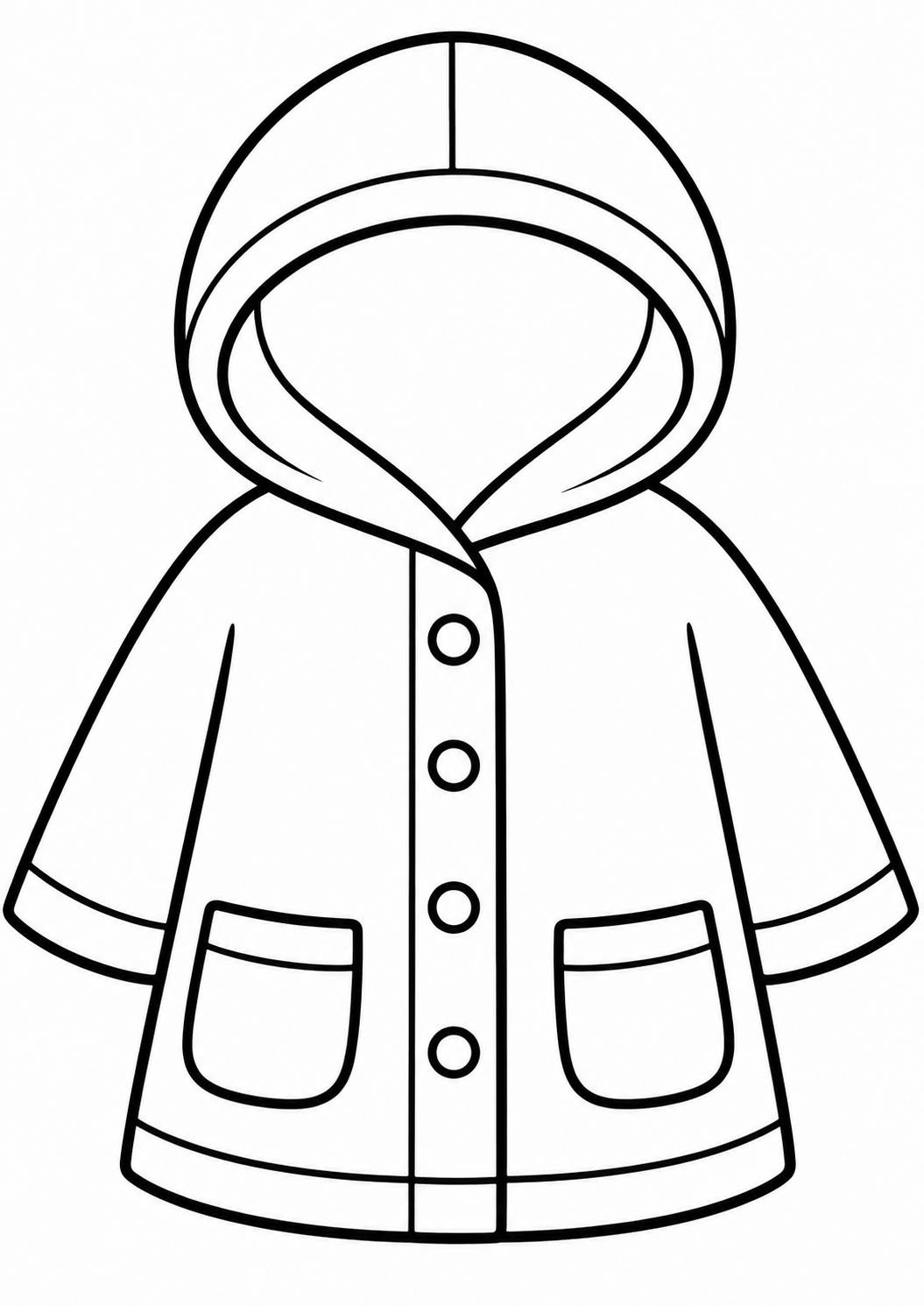 Black and white coloring page of a raincoat with a hood and buttons. Designed for children to color and explore creativity. Simple lines make it easy for young artists to enjoy.
