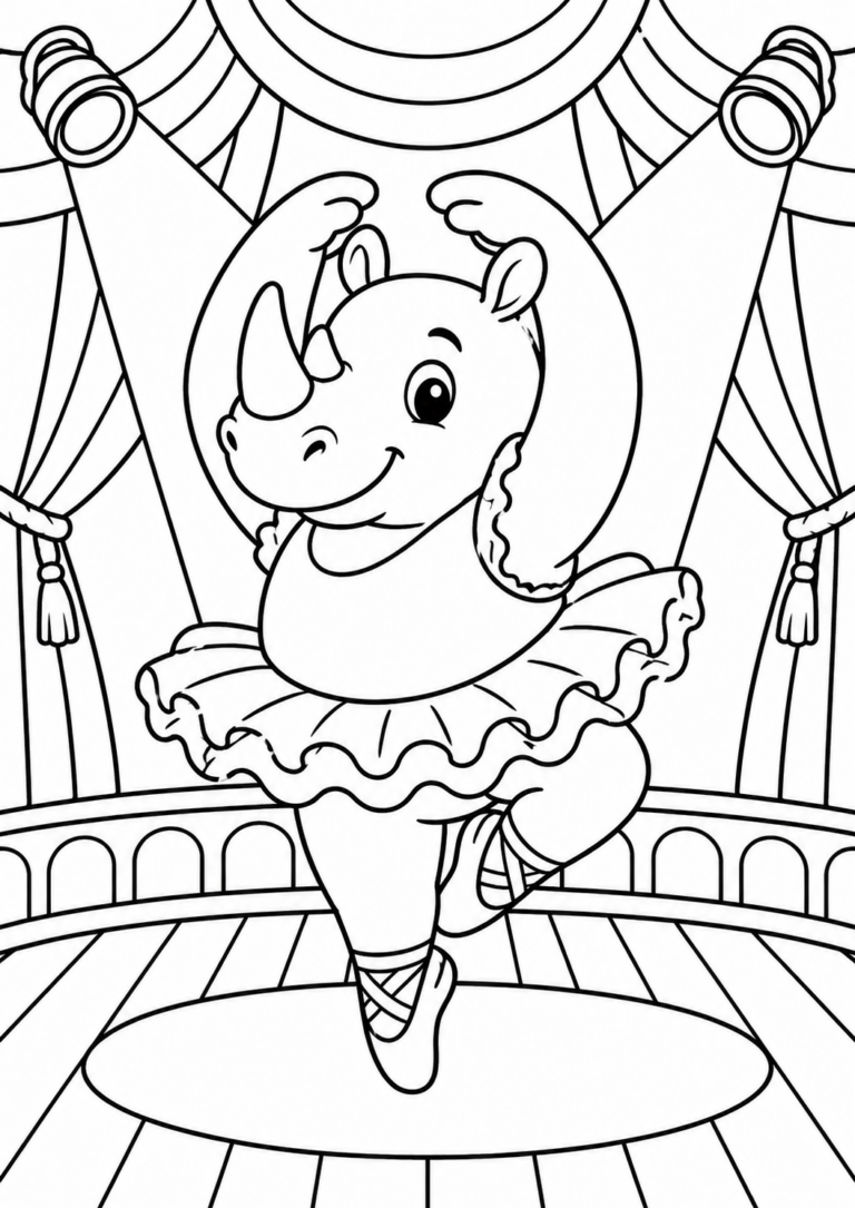 A joyful rhino ballerina dances on a theater stage with curtains and spotlight. The rhino is wearing a tutu and ballet shoes, creating a whimsical and delightful scene for children to bring to life with color.