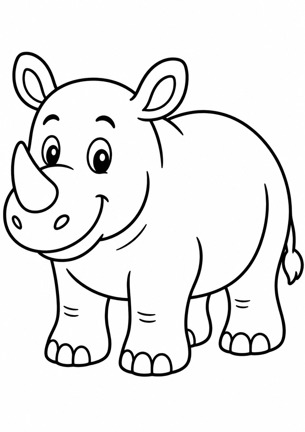 A children's coloring page illustrating a happy rhino, designed to engage kids in a creative coloring activity. This delightful illustration presents an inviting and simple design for young ones to enjoy coloring.