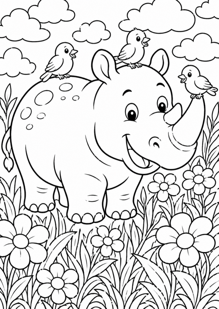 A cute rhino with birds atop, surrounded by flowers and grass under a cloudy sky, designed for children to color and enjoy.