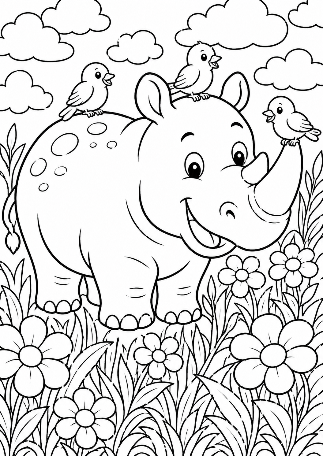 A cute rhino with birds atop, surrounded by flowers and grass under a cloudy sky, designed for children to color and enjoy.