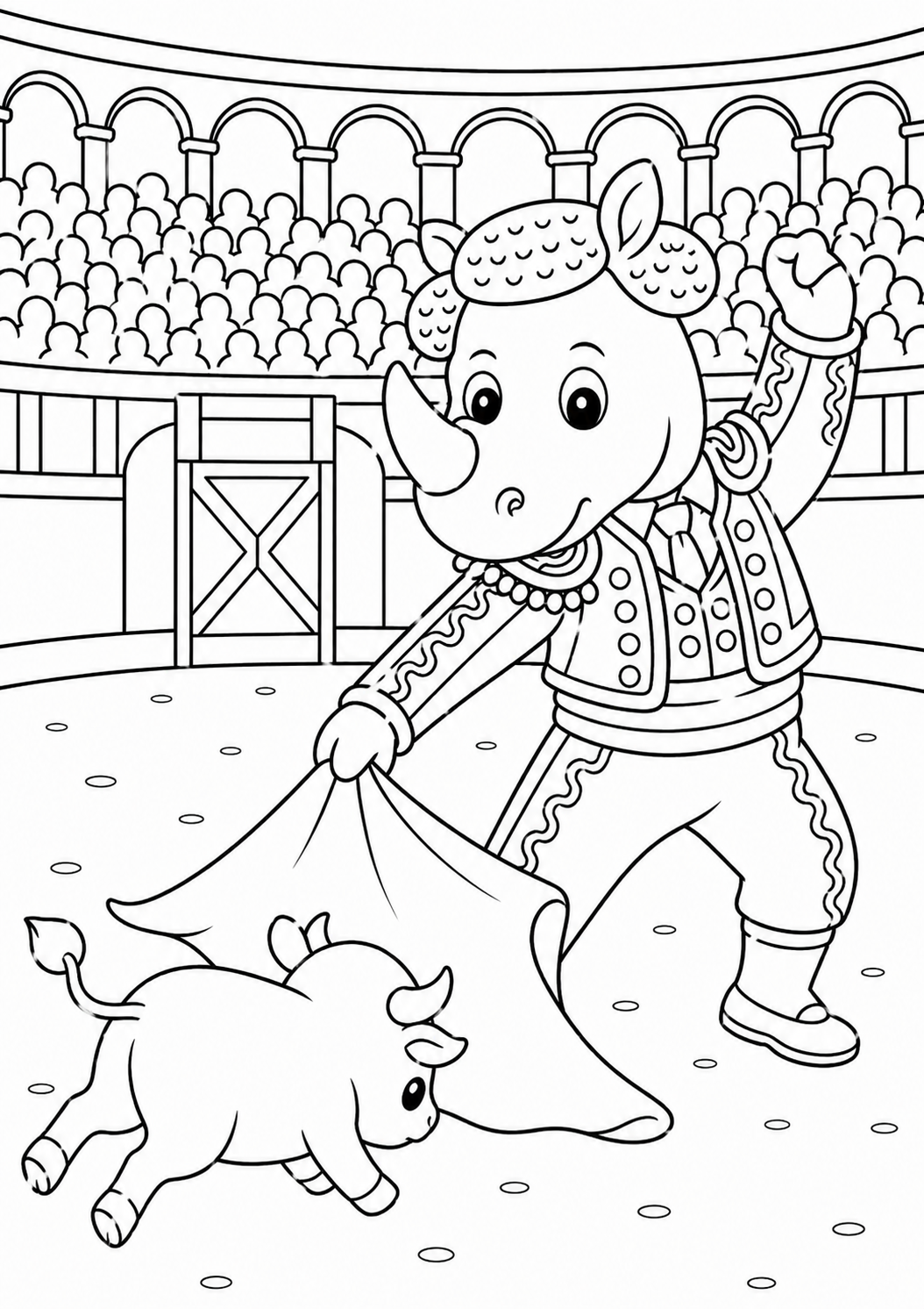 A charming rhino dressed as a matador holds a cape and interacts playfully with a tiny bull in an arena, surrounded by cheering crowds and arches, providing a fun and detailed coloring experience for kids.