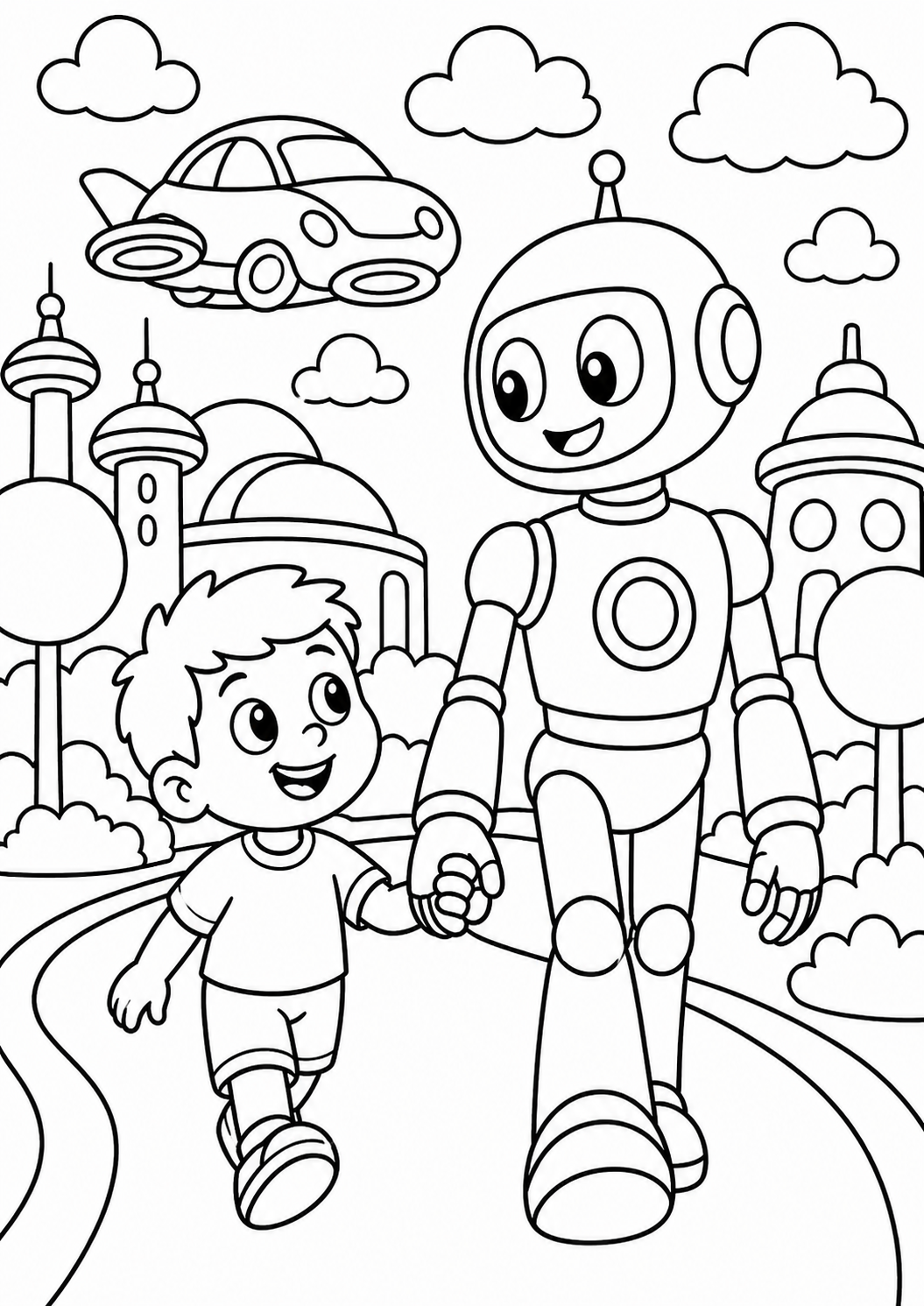 Coloring page featuring a robot and child walking together in a futuristic landscape with flying cars and buildings, encouraging creativity and imagination for young children.