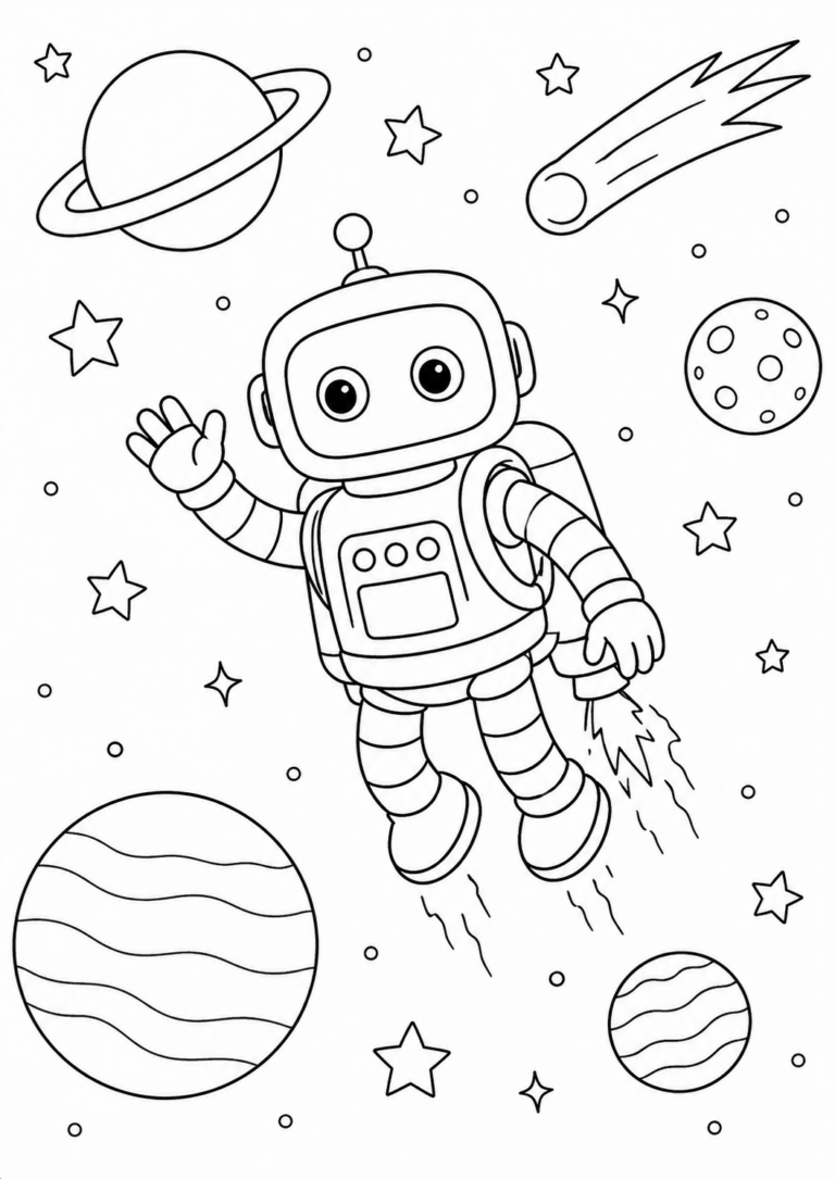 A children's coloring page featuring a friendly robot in space with planets, stars, and a comet, designed to spark creativity and imagination in kids.