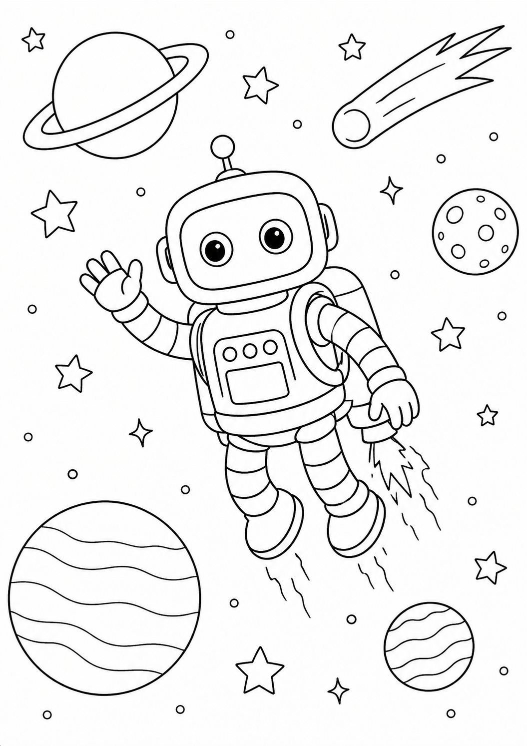 A children's coloring page featuring a friendly robot in space with planets, stars, and a comet, designed to spark creativity and imagination in kids.