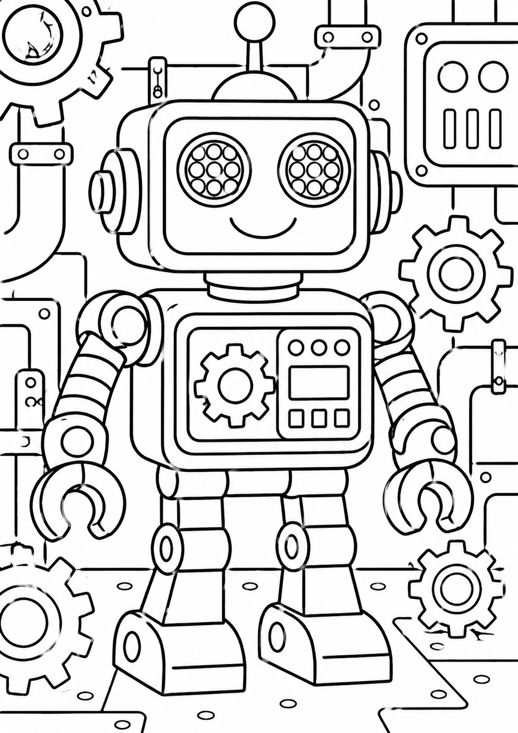 A black and white coloring page of a cheerful robot with various gears. Children will have fun coloring the robot and its mechanical surroundings.