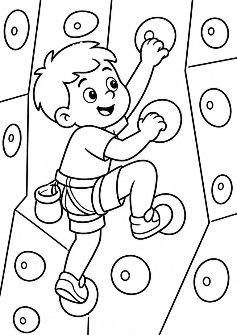 A fun coloring page depicting a happy child in a harness climbing a rock wall with clear outlines and climbing holds, ideal for kids to color and enjoy.