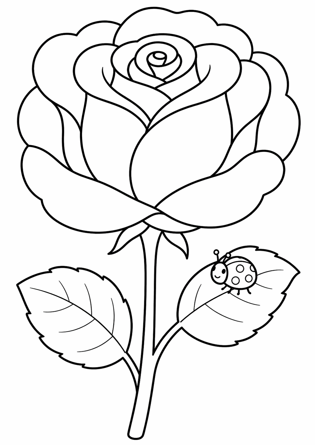 A large rose with intricate petals and leaves, featuring a small ladybug on one of the leaves. Perfect for children to color and explore their creativity with various shades.