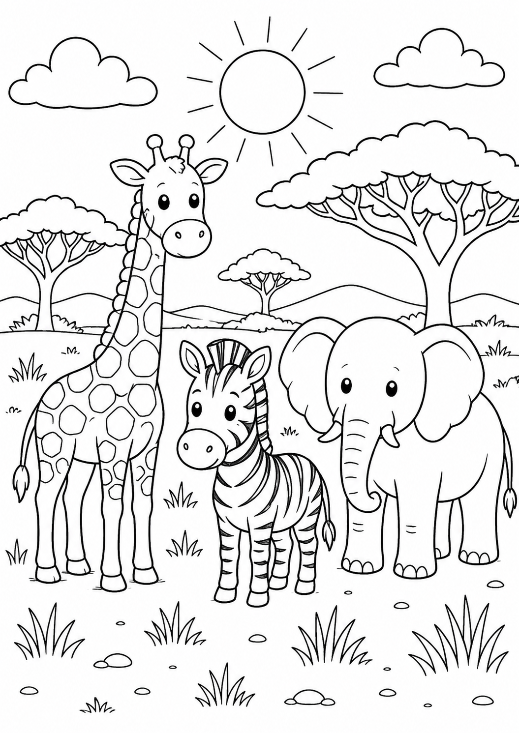 A fun coloring page with a giraffe, zebra, and elephant under a bright sun in the savanna, surrounded by trees and grass.