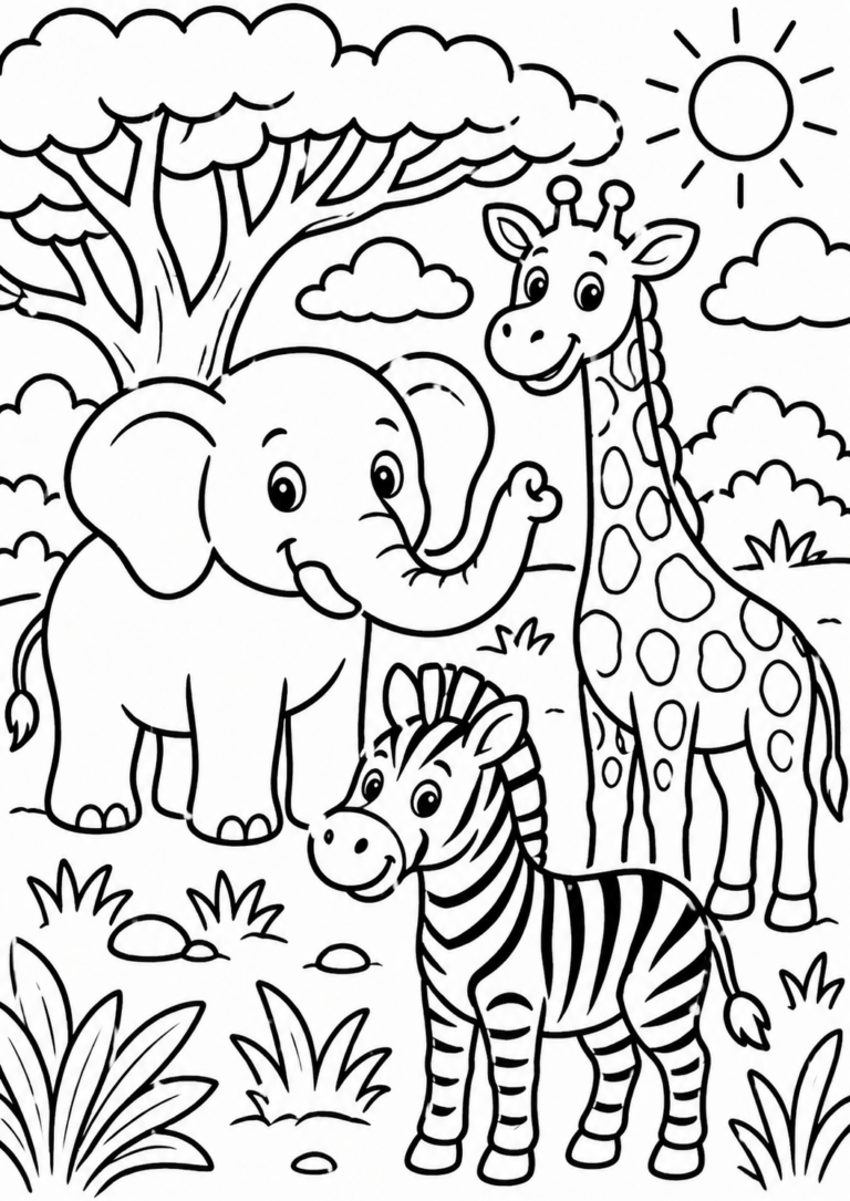 A fun coloring page showcasing an elephant, giraffe, and zebra set against a safari backdrop with a tree and sun, ideal for kids.