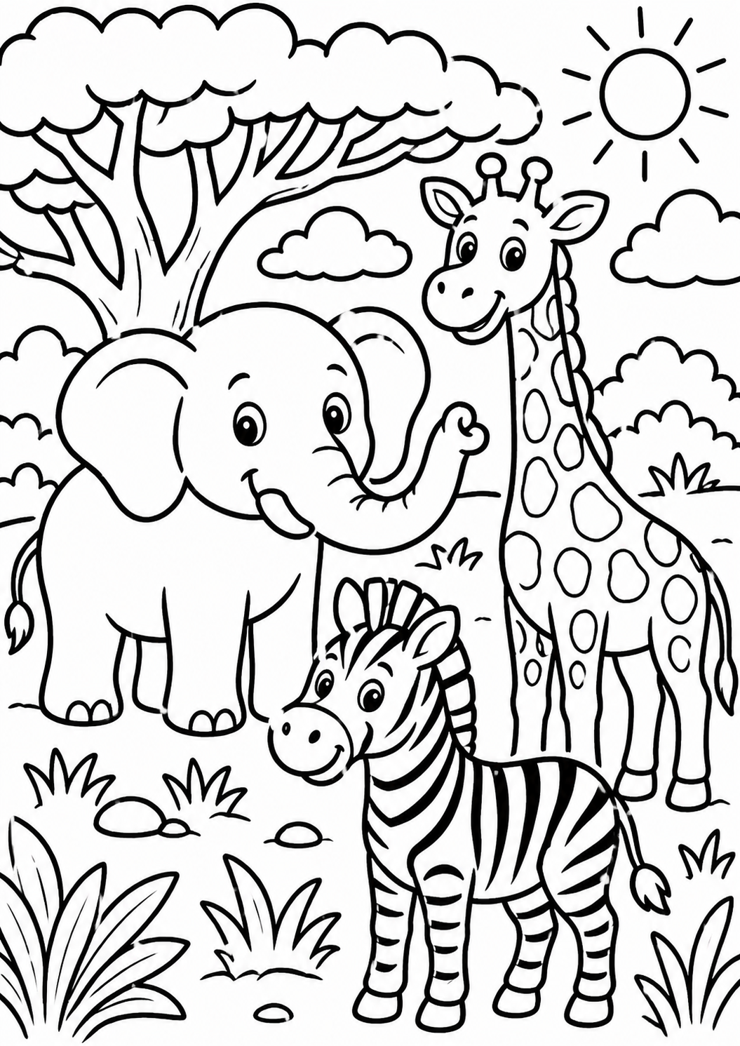 A fun coloring page showcasing an elephant, giraffe, and zebra set against a safari backdrop with a tree and sun, ideal for kids.