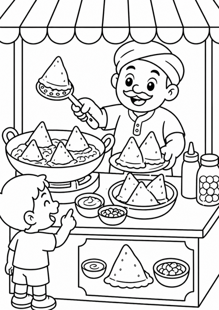 A delightful coloring page depicting a lively food stall scene. A friendly vendor serves samosas to an eager child. Various food items and condiments surround the stall. Perfect for children to color and enjoy.
