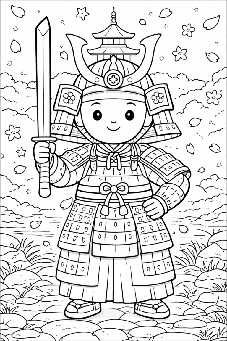 Coloring page of a friendly samurai in detailed armor, holding a sword amidst floating leaves and flowers, offering a creative activity for kids.