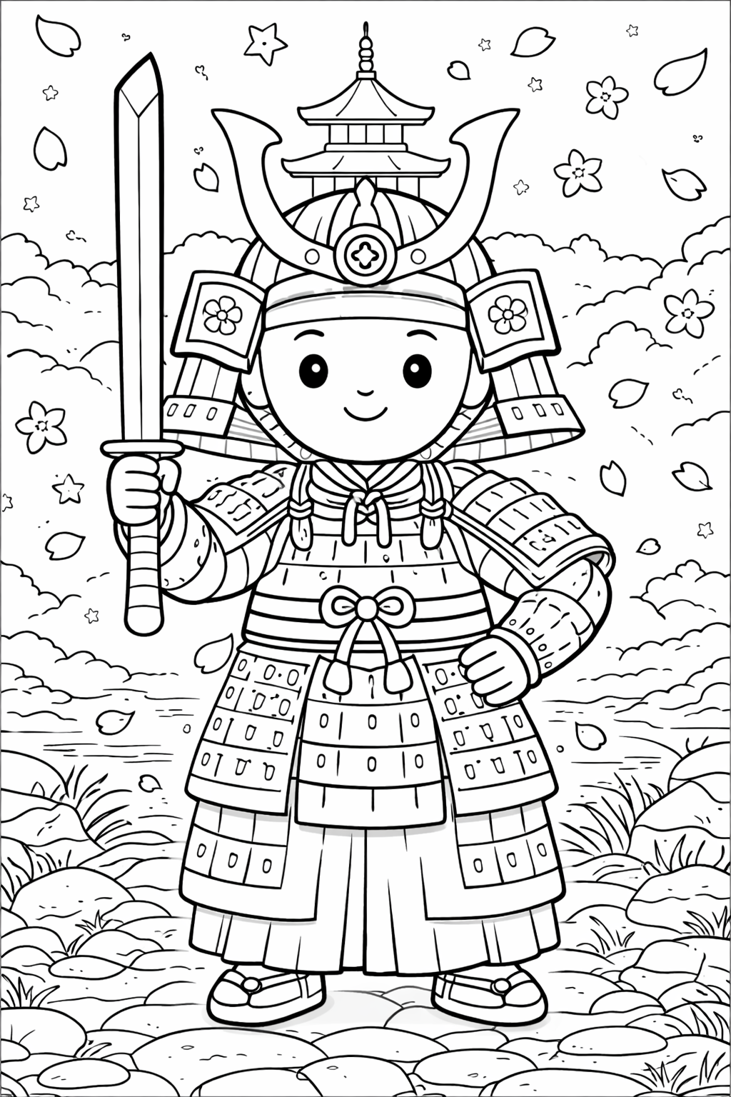 Coloring page of a friendly samurai in detailed armor, holding a sword amidst floating leaves and flowers, offering a creative activity for kids.