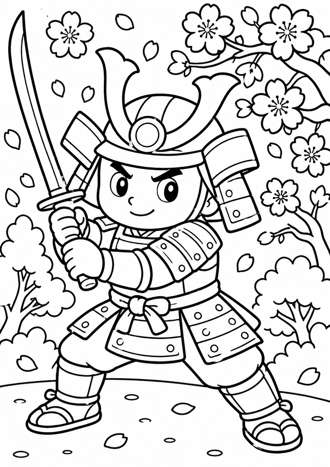 A lively samurai character stands poised with a sword in a beautiful cherry blossom setting. This coloring page captures the adventurous spirit of a young samurai, ready for creative expression. Perfect for children interested in historical themes and coloring activities.