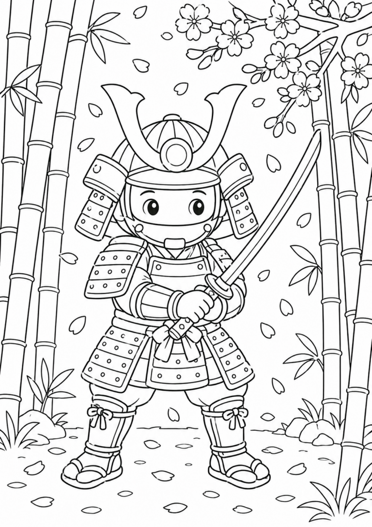 Coloring page showing a samurai in armor with sword in a bamboo grove with cherry blossoms. Ideal for kids to color and learn about Japanese culture and historical figures through art.