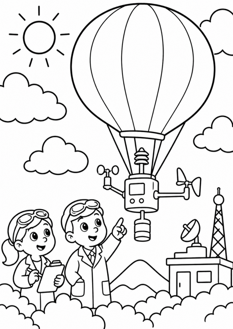 In this coloring page, young scientists are watching a hot air balloon in the sky, surrounded by clouds, a sun, and various scientific devices. It's an engaging scene that sparks imagination and interest in science for kids.
