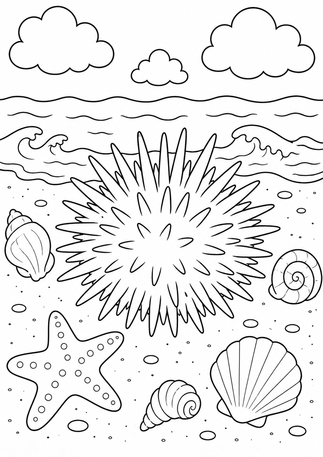 An exciting sea life scene with waves, a spiky sea urchin, a starfish, and various shells, inviting kids to color the intricate marine details while learning about ocean life.