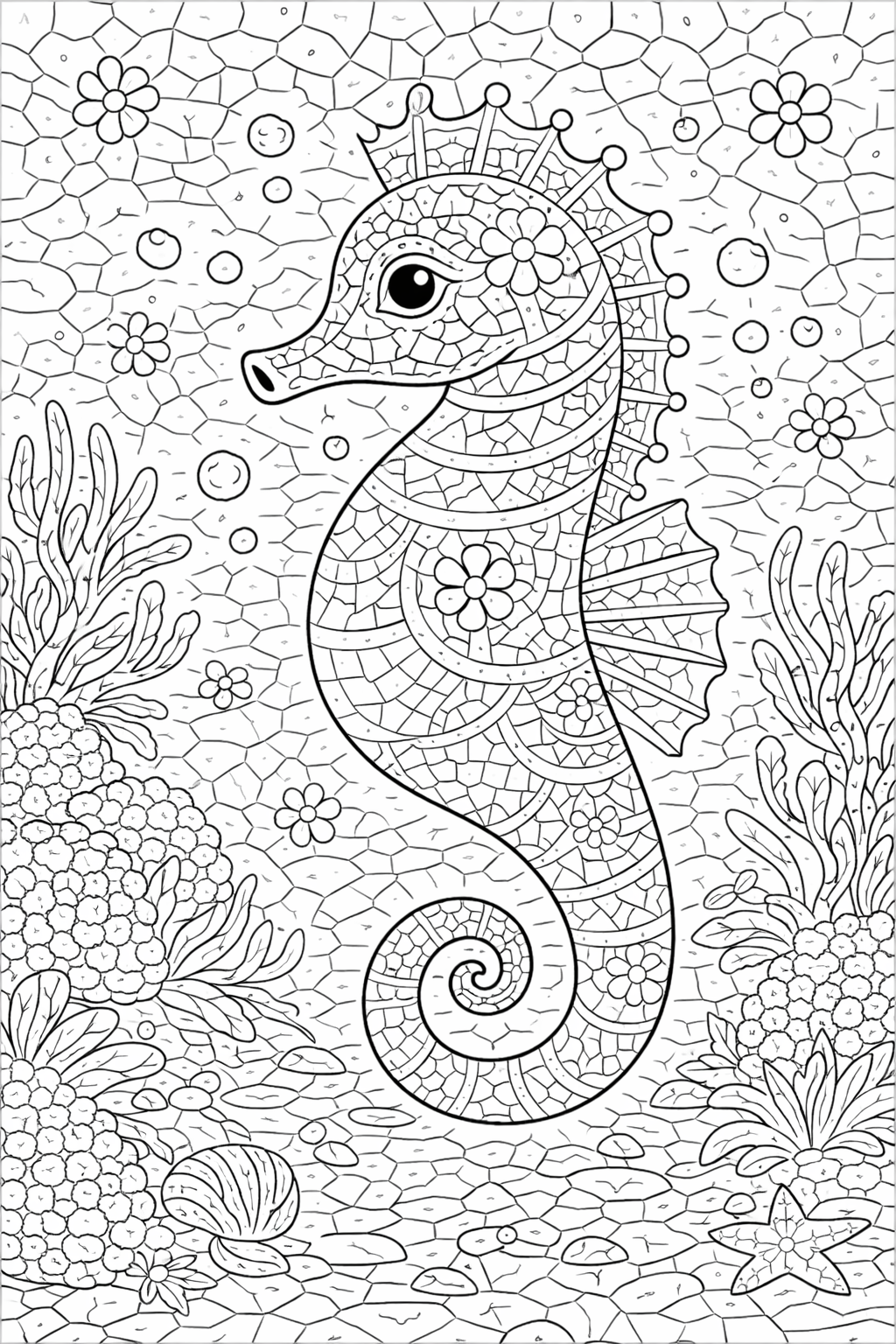 A detailed seahorse coloring page showing an intricate seahorse surrounded by ocean plants and bubbles, inviting children to use their imagination and creativity.