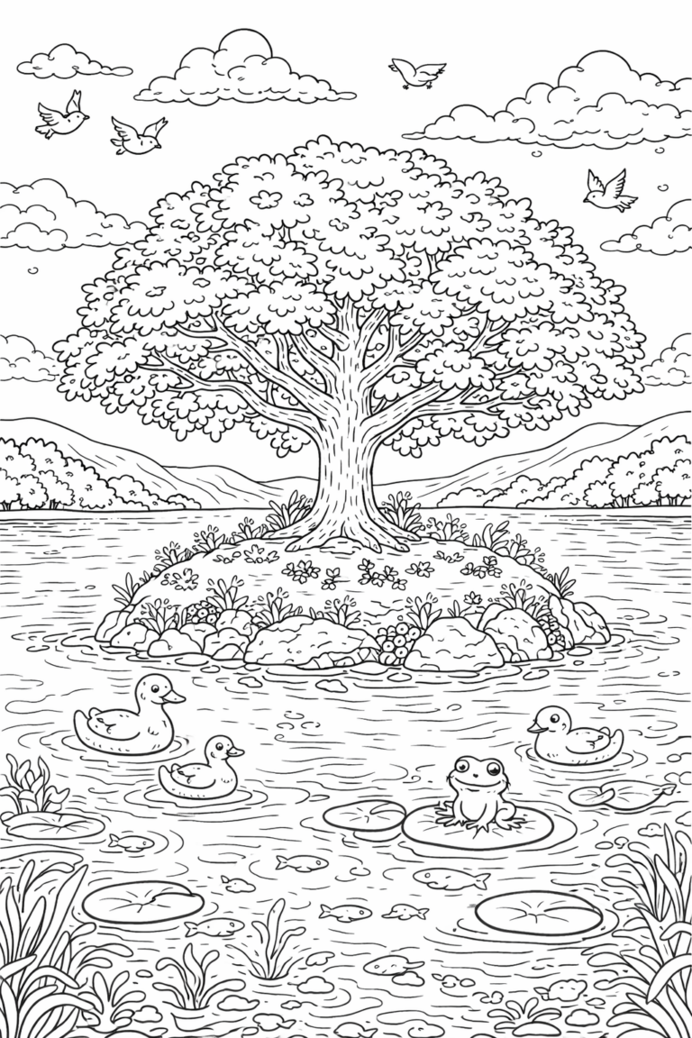A peaceful nature scene features a large tree on an island in a lake, ducks swimming, and a frog on a lily pad under a sky with birds and clouds, perfect for children's coloring.