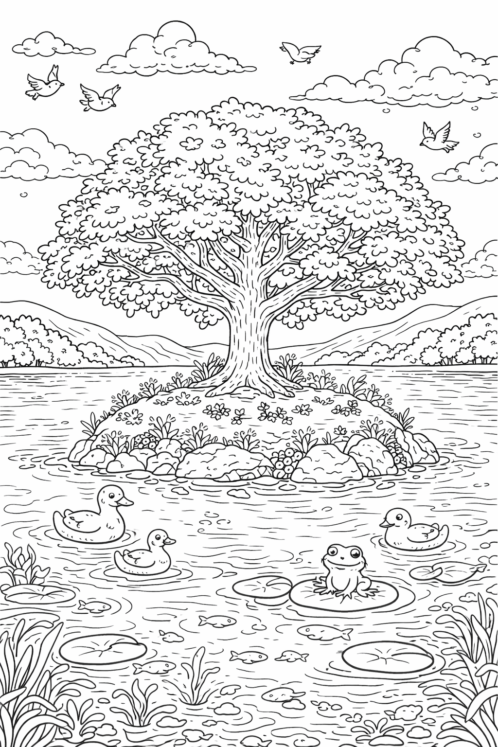 A peaceful nature scene features a large tree on an island in a lake, ducks swimming, and a frog on a lily pad under a sky with birds and clouds, perfect for children's coloring.