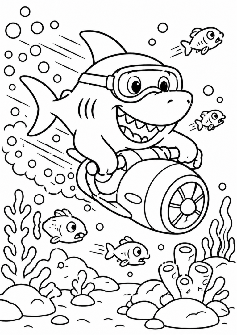 A lively coloring page featuring a joyful shark wearing goggles on an underwater scooter. It's surrounded by playful fish and beautiful coral, inviting kids to explore and enjoy the marine theme.