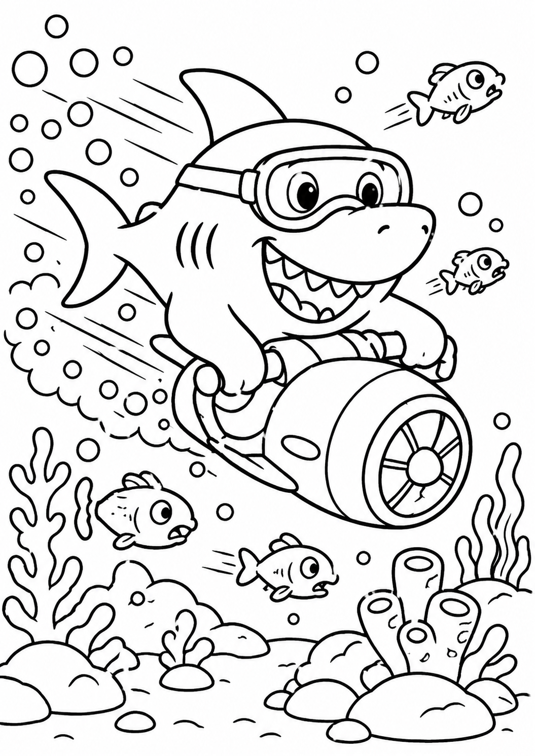 A lively coloring page featuring a joyful shark wearing goggles on an underwater scooter. It's surrounded by playful fish and beautiful coral, inviting kids to explore and enjoy the marine theme.