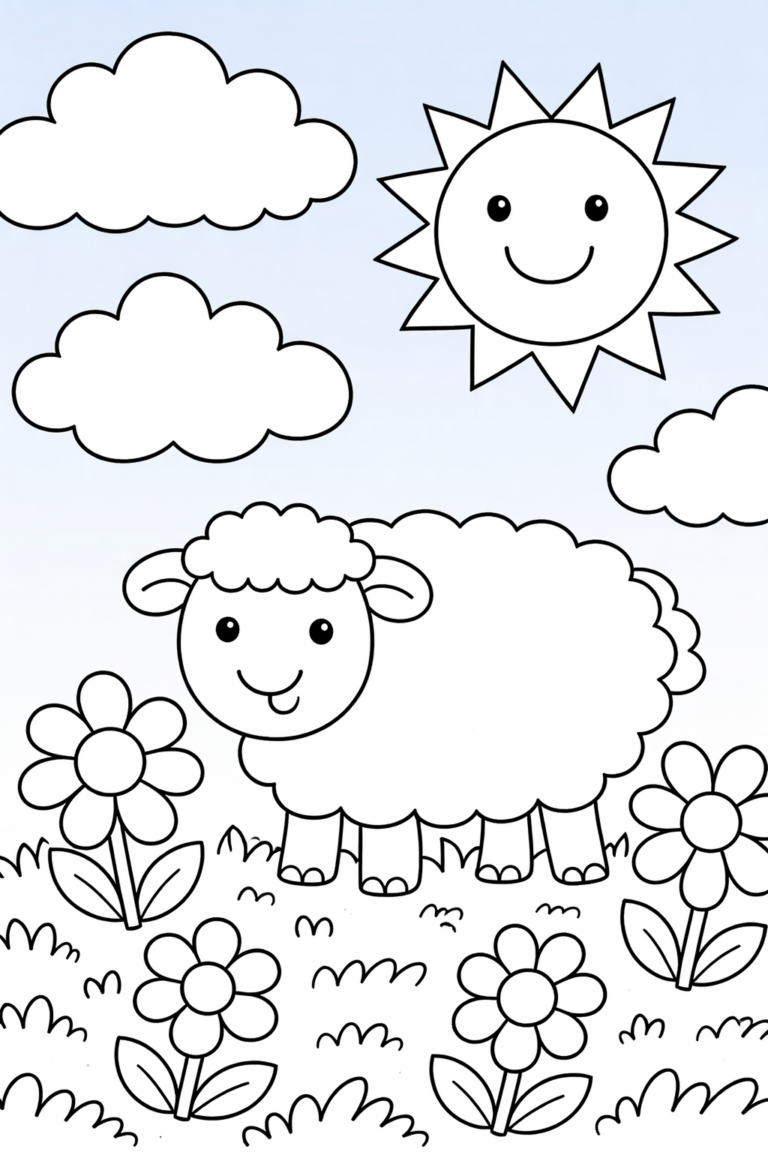 A charming coloring page with a happy sheep, surrounded by blooming flowers, fluffy clouds, and a cheerful sun in the sky. Kids can enjoy adding colors to this delightful nature scene.