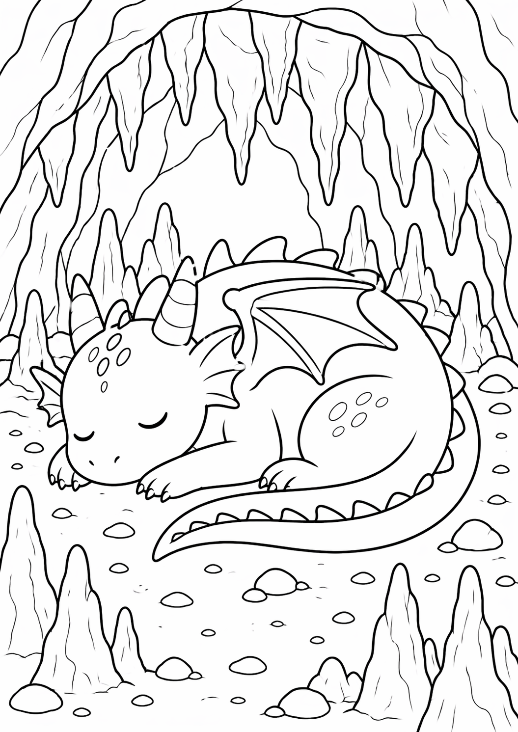 A charming coloring page showing a cute dragon sleeping peacefully within a rocky cave, surrounded by stalactites. Kids can color the dragon’s wings, tail, and the cave setting, making it an engaging fantasy activity.
