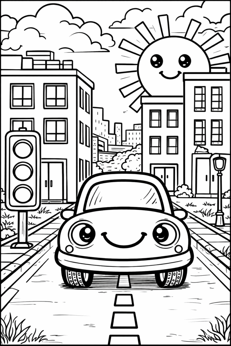Coloring page displaying a smiling car driving in a city with a cheerful sun overhead, surrounded by detailed buildings and a traffic light.