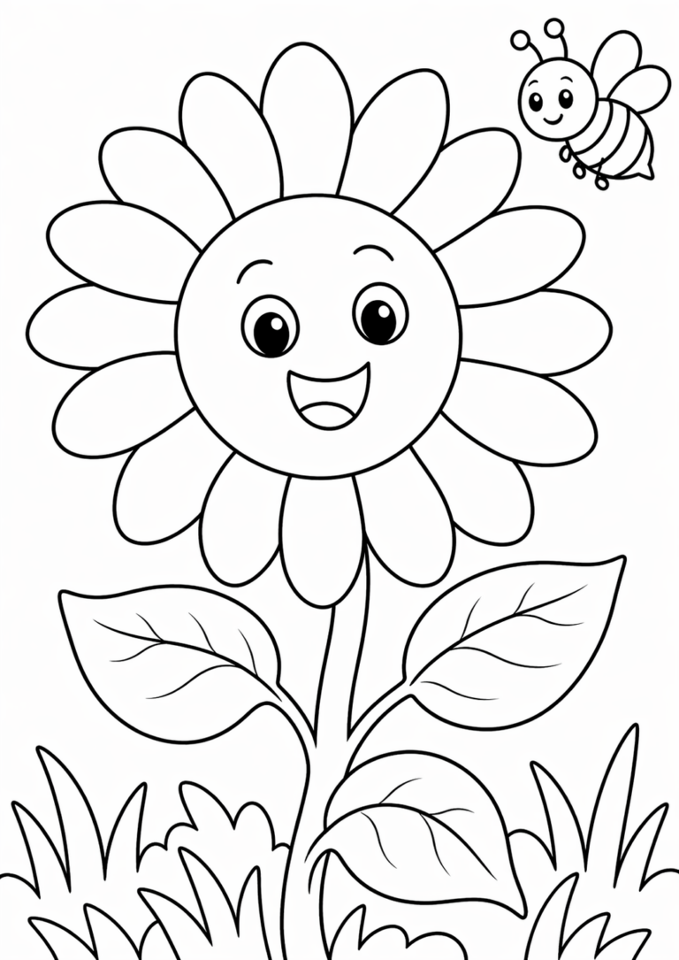 A charming coloring page showing a smiling flower with a friendly face. A bee hovers near the flower, enhancing the joyful scene. The design is complemented by leaves and grass, perfect for engaging young artists.