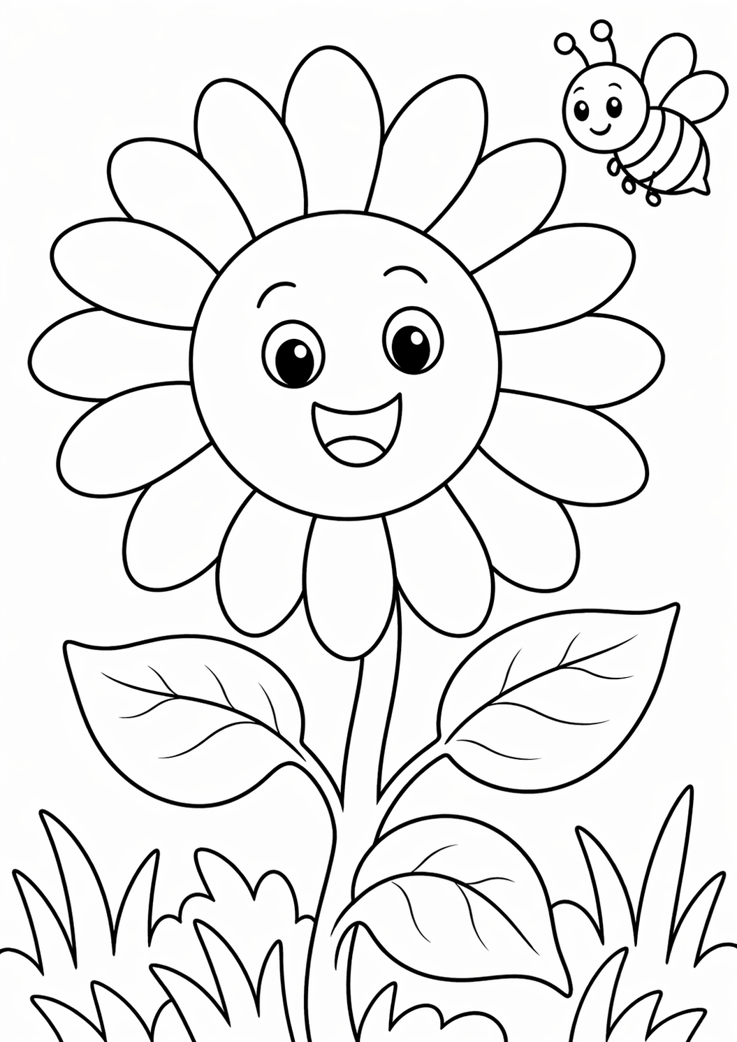 A charming coloring page showing a smiling flower with a friendly face. A bee hovers near the flower, enhancing the joyful scene. The design is complemented by leaves and grass, perfect for engaging young artists.
