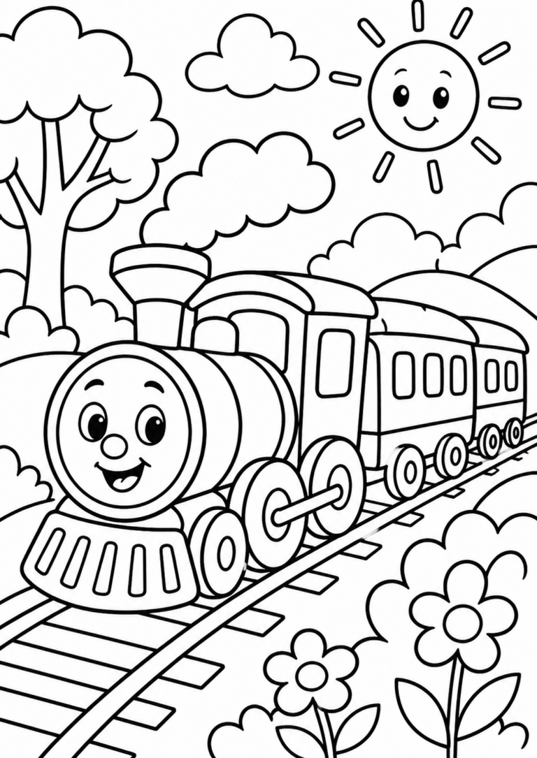 A coloring page depicting a friendly, smiling train on tracks with a happy sun, clouds, and a vibrant landscape featuring trees and flowers.