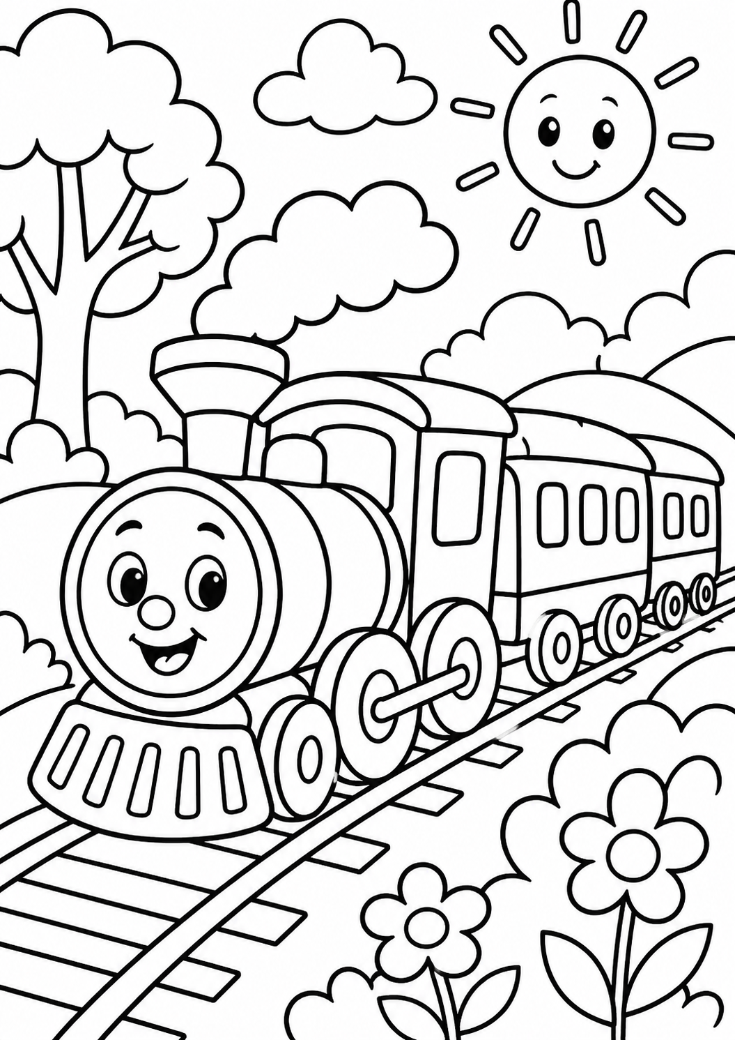 A coloring page depicting a friendly, smiling train on tracks with a happy sun, clouds, and a vibrant landscape featuring trees and flowers.