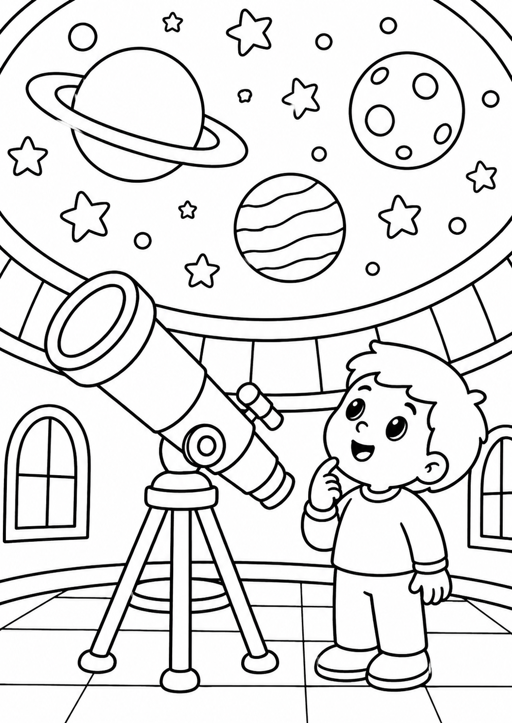 A child stands in an observatory next to a large telescope, looking curiously at planets and stars in the sky. The coloring page includes various celestial elements inviting kids to add their creativity.