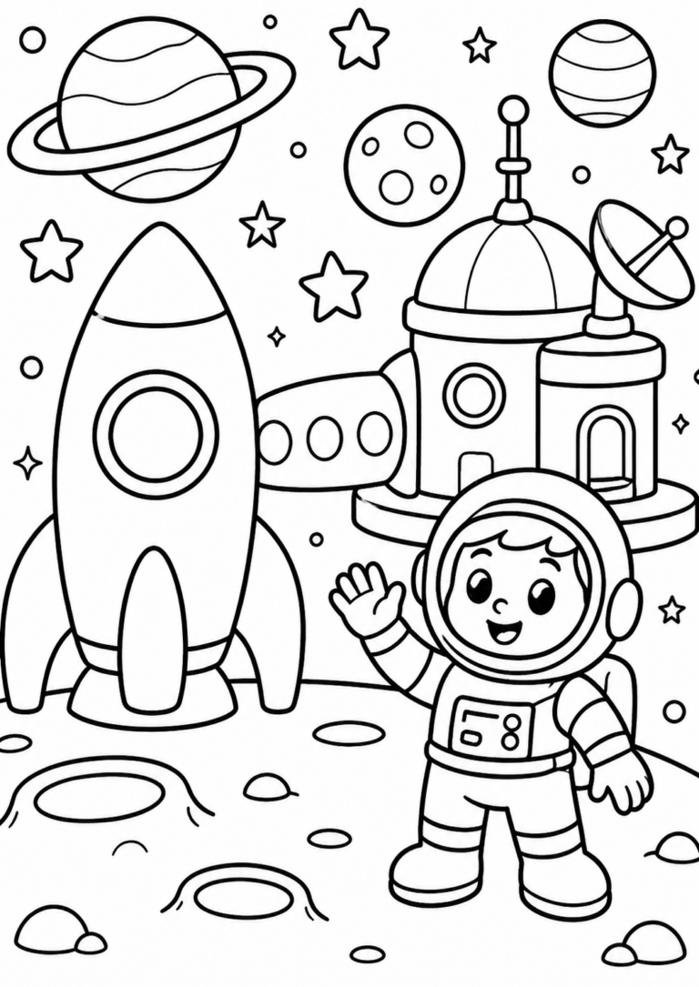 Children's coloring page of a young astronaut on the moon waving next to a rocket, with various planets and stars in the background, ideal for young space enthusiasts to color.