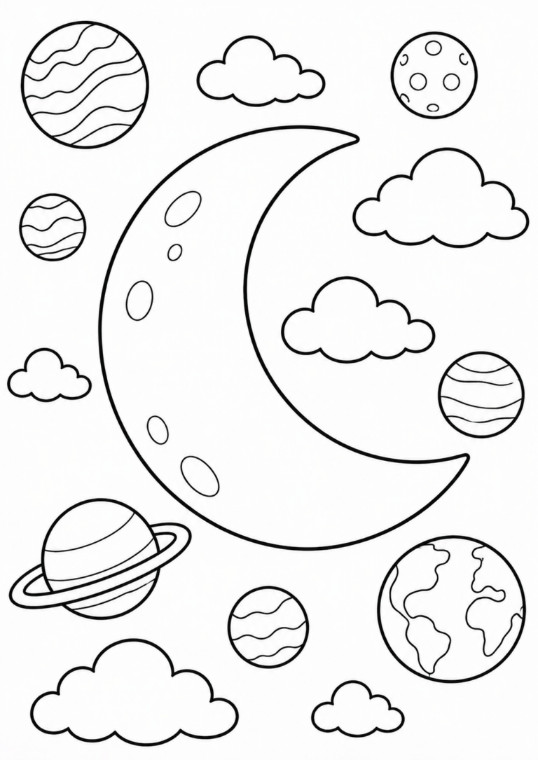 A children's coloring page showing a crescent moon, planets, and clouds, designed to inspire creativity and colorful fun in a space-themed setting.