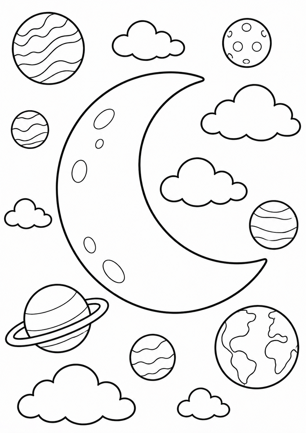 A children's coloring page showing a crescent moon, planets, and clouds, designed to inspire creativity and colorful fun in a space-themed setting.