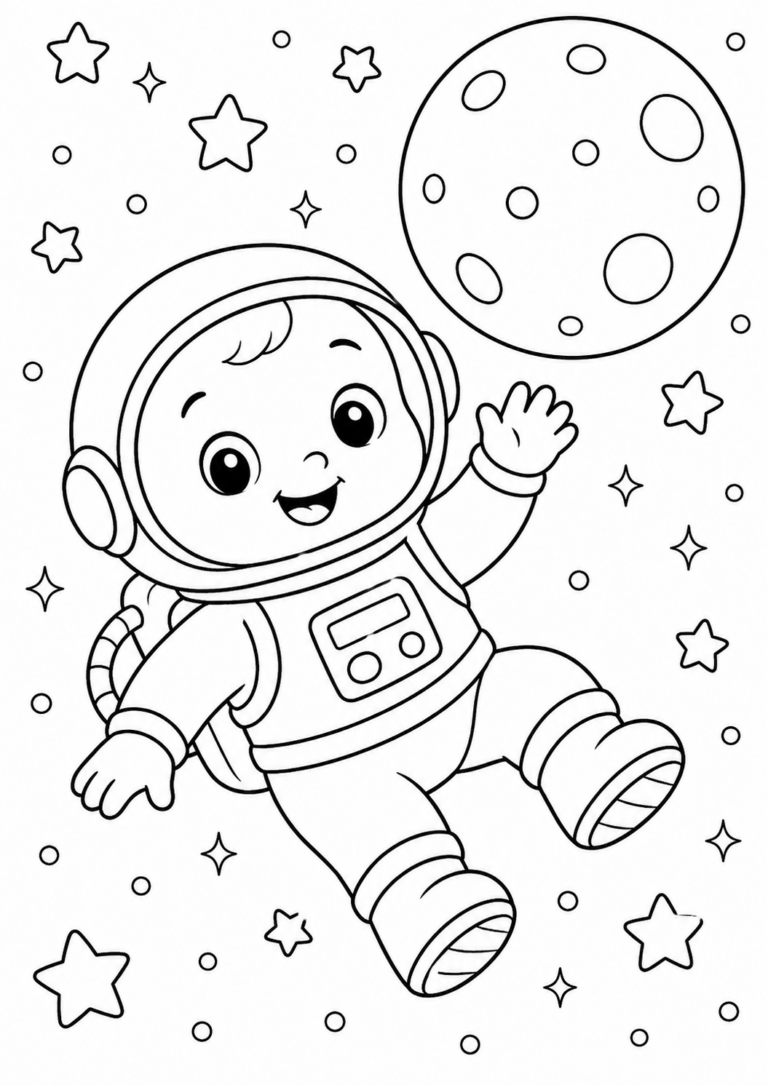 A cute young space explorer in a spacesuit floats in space, surrounded by stars and a moon, waving cheerfully in an adorable scene waiting to be colored.
