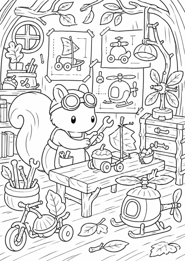 A whimsical coloring page depicting a squirrel in a workshop, surrounded by tools and craft items. The squirrel works on a leaf sailboat, bringing creativity to life for children who color this page.