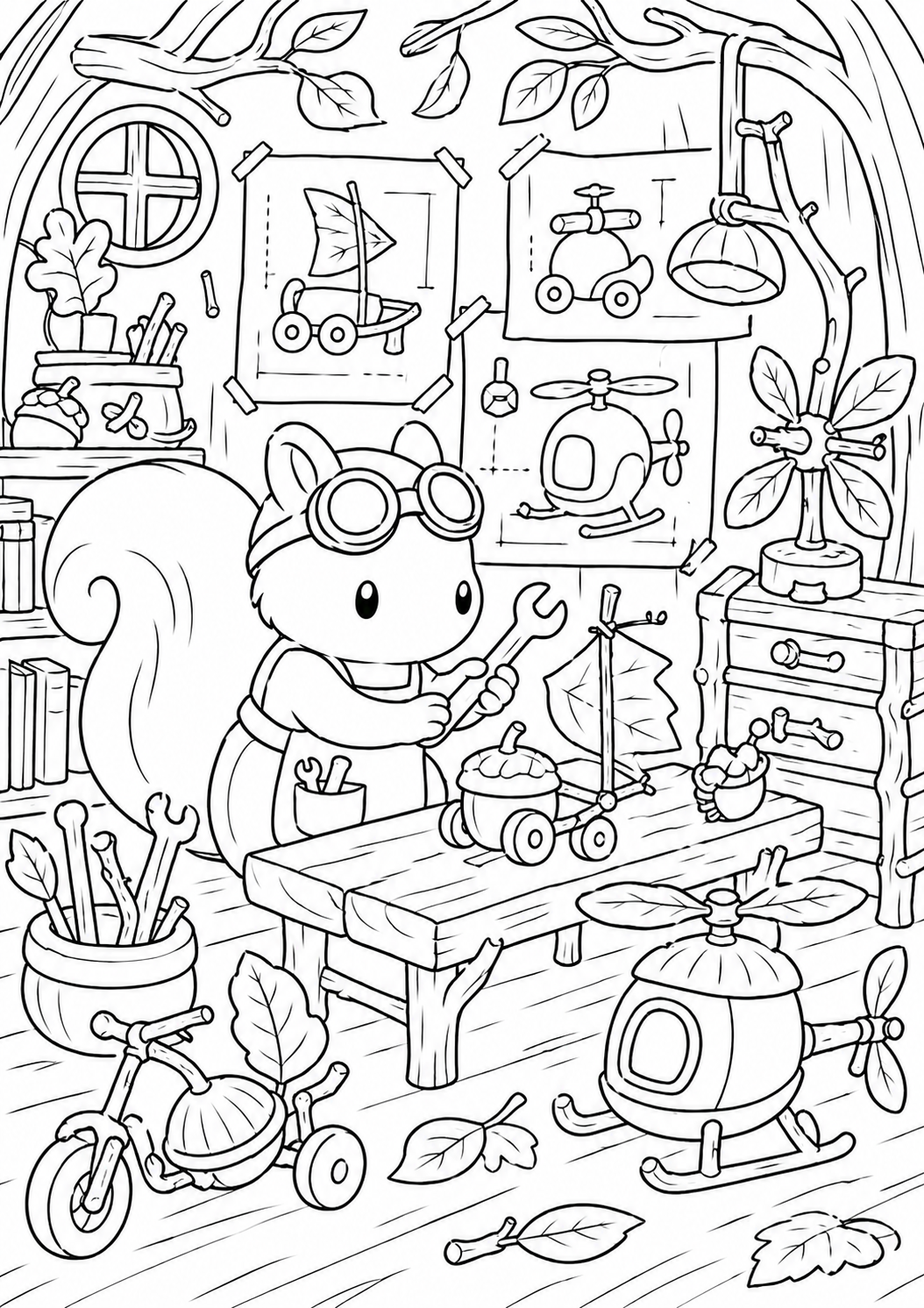 A whimsical coloring page depicting a squirrel in a workshop, surrounded by tools and craft items. The squirrel works on a leaf sailboat, bringing creativity to life for children who color this page.