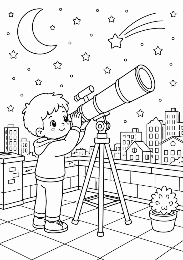 A child stands on a rooftop terrace, looking through a telescope. The night sky is filled with stars and a crescent moon. A comet streaks across the sky, and buildings stand in the background, creating a serene urban night scene.