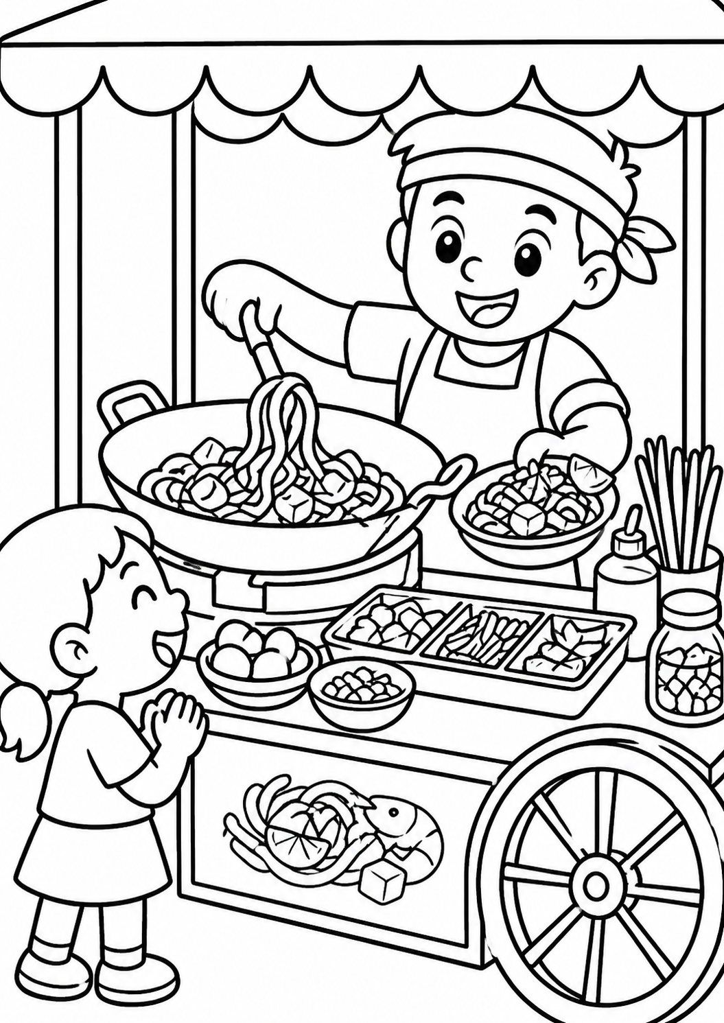 A street food cart with a vendor cooking noodles and a little girl watching. On the cart are bowls of dumplings, noodles, and various ingredients for children to color.